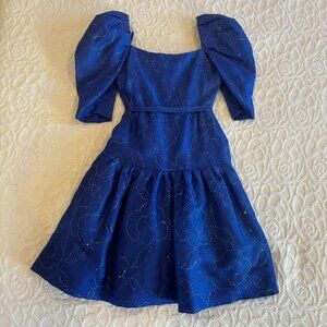 Vintage Arnold Scaasi Blue Rhinestone Design Puff Sleeve Dress